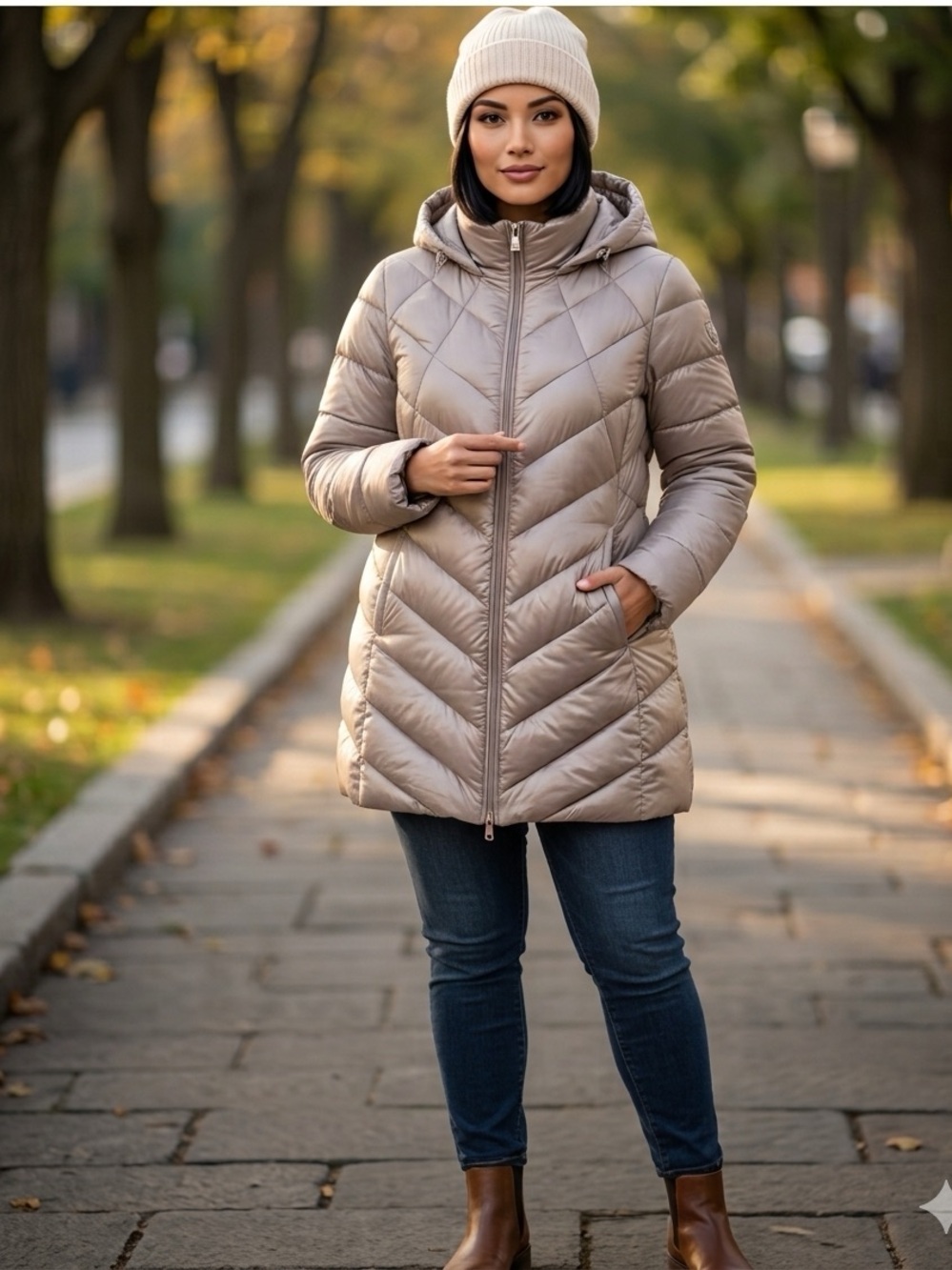 Bernardo Light Taupe Chevron Quilted Hooded Puffer Coat IX